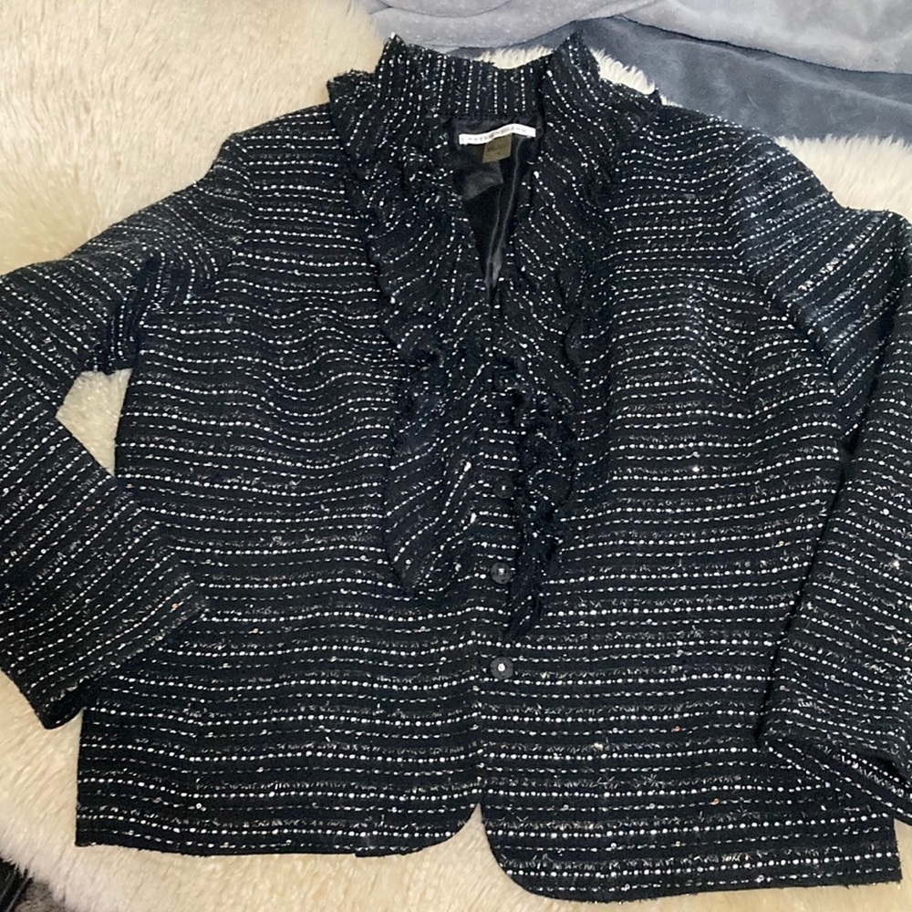 Peter Nygard Black and White Tweed Blazer with Ruffled Detailing